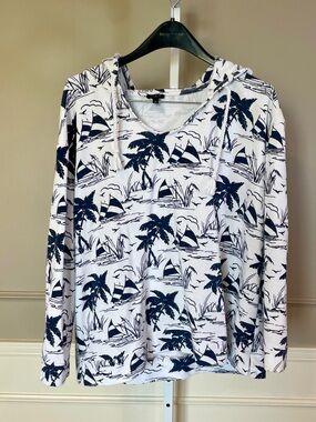 Talbots 2X Sail Away Print Drawstring Hoodie Sailboats Nautical Travel Navy